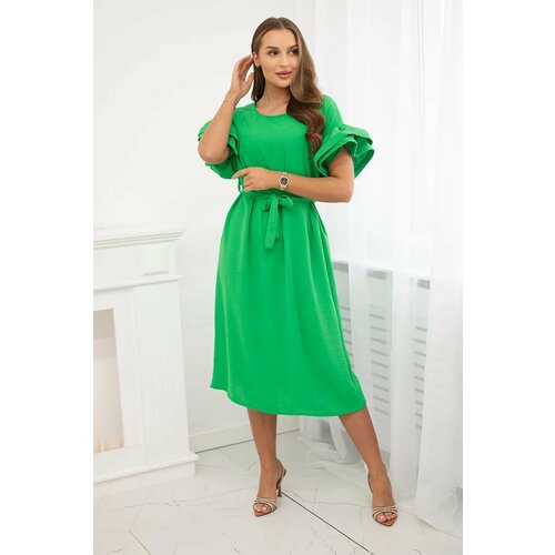 Kesi Dress with a tie at the waist with decorative sleeves in green color Slike
