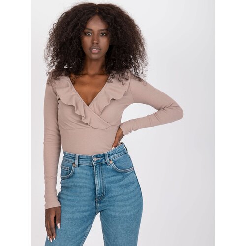 Fashion Hunters Dark beige fitted blouse with stripes RUE PARIS Slike