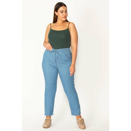 Şans Women's Blue Fabric Pants with Elastic Waist and Front Lace-Up Pockets Cene