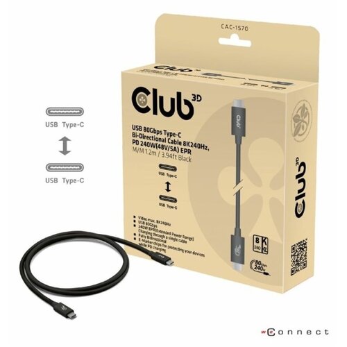 Club3d USB 80Gbps Certified 240W 8K240Hz Type-C&amp;reg; 1.2m /3.94ft Black Cable Slike