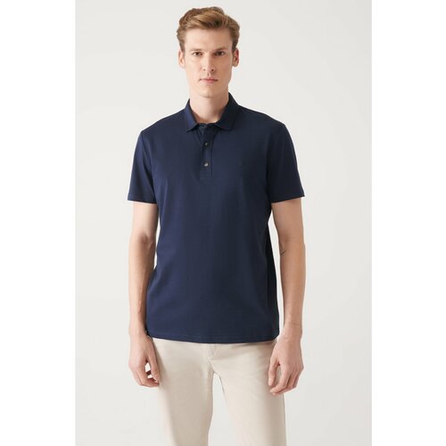 Avva Men's Navy Blue 100% Cotton Knitted Standard Fit Normal Cut 3 Snaps Polo Neck T-shirt Slike