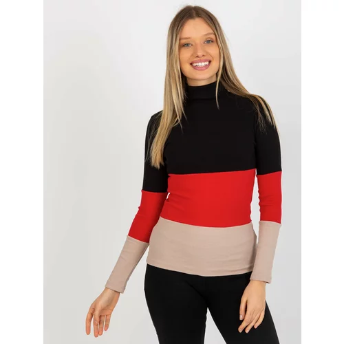 Fashion Hunters Basic black-red ribbed cotton blouse with turtleneck