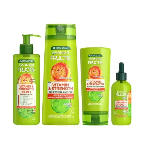 Garnier Fructis Vitamin & Strength Reinforcing Shampoo Set šampon 400 ml + balzam za lase 200 ml + serum za lase 125 ml + nega brez izpiranja 400 ml za ženske