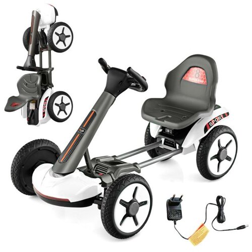  Dječji električni gokart s LED-om i dvostrano podesivim volanom te svjetlima na sjedalu - bijeli Slike