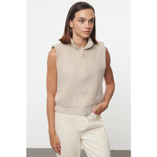 Trendyol Beige Regular Boucle Zippered Knitwear Vest