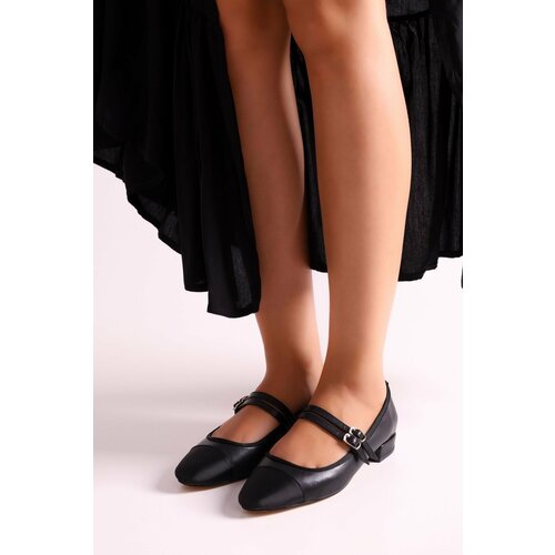 Shoeberry Women's Olidy Black Double Color Arched Oval Toe Ballerinas Black Skin Cene