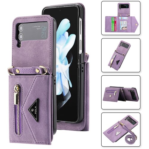 INORCO POLA za Samsung Galaxy Z Flip4 5G z več režami za kartice, žepnim stojalom na zadrgo, PU usnjen ovitek za telefon z naramnico, (22036113) Slike