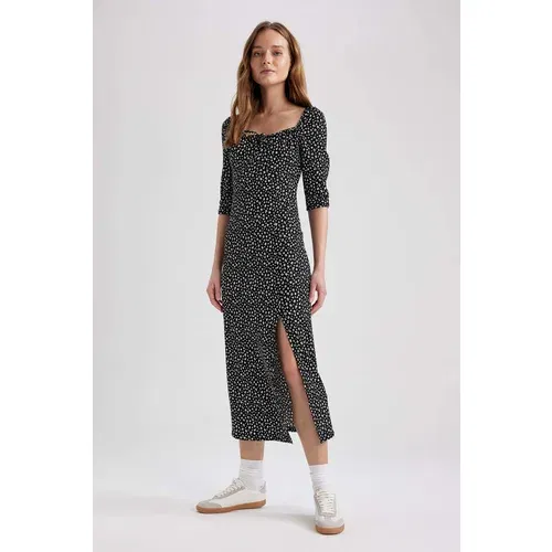 Defacto Regular Fit Heart Neck Patterned Slit Short Sleeve Midi Dress