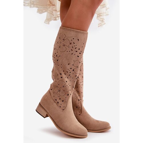 Kesi Openwork women's boots on a low heel eco suede fastened with a zipper dark beige orchids Cijene