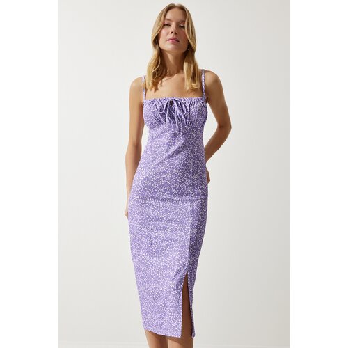  Women's Lilac White Floral Slit Summer Knitted Dress Cijene
