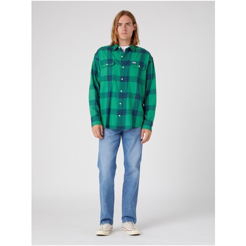 Wrangler Blue-Green Mens Plaid Shirt - Mens Cene