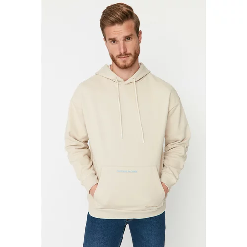 Trendyol Beige Men's Oversize Fit Hoodie Printed Sweatshirt