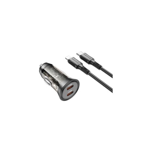  Auto Punjač sa kablom 1m Type-C to iPhone/lightning BOROFONE BZ26B Discovery PD45W 2xType-C car set transparent black Slike