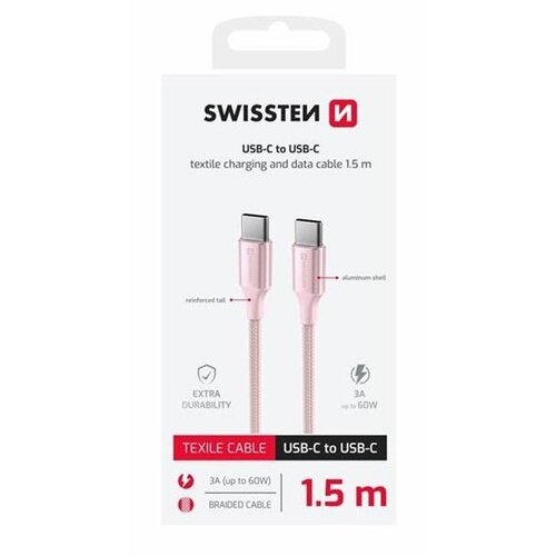 Swissten kabel USB-C/USB-C TEXTILE II, 3A, 60W, 480 Mb/s, 1,5m rozi Cijene