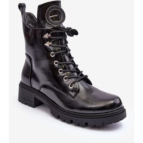 Kesi Patent Worker Ankle Boots with Black Hot Decoration
