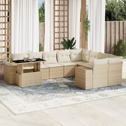  10-dijelni set vrtnih sofa s jastucima bež od poliratana 100 x 55 x 73 cm Slike