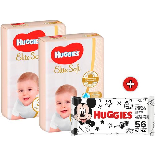 Huggies duo Pack Pelene Elite Soft Mega, Veličina 3, 5-9kg, 144 komada + Mickey Mouse Vlažne maramice, 56 komada Cene