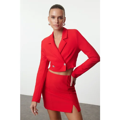 Trendyol Red Crop Stone Button Detailed Woven Jacket