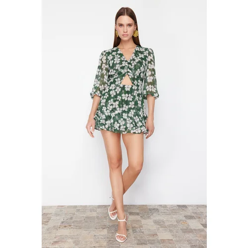 Trendyol Green Floral Patterned Cut Out Detailed Mini Lined Chiffon Woven Jumpsuit