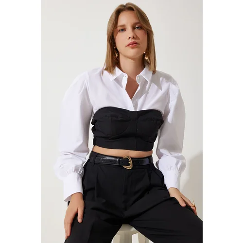  Women's White Black Color Block Crop Shirt Blouse