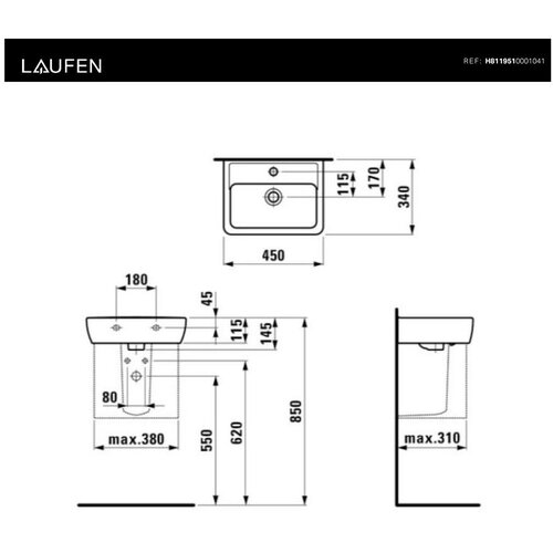 Laufen H8119510001041 Pro 45 x 34 cm pravokotni stenski keramični umivalnik z odprtino za armaturo Slike