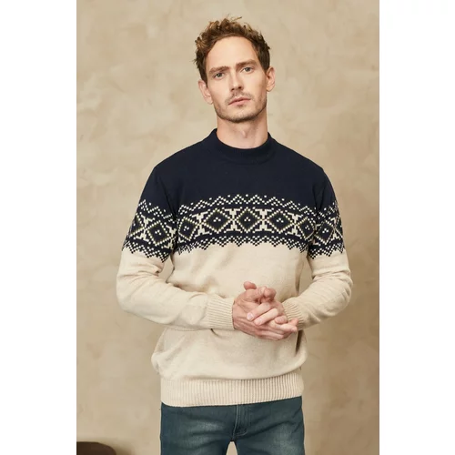 Altinyildiz classics Men's Navy Blue-Beige Standard Fit Normal Cut Half Turtleneck Raised Soft Textured Knitwear Sweater