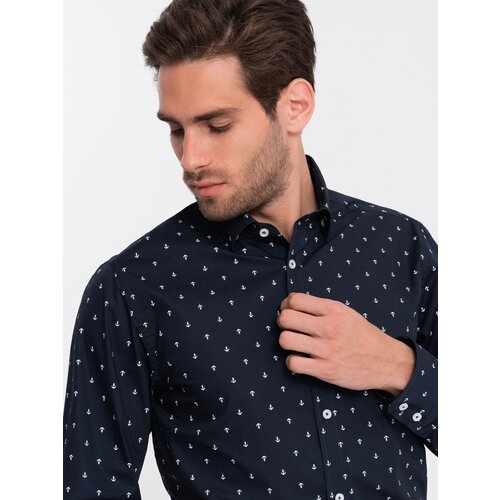 Ombre Classic men's cotton SLIM FIT shirt in anchors - navy blue Cene