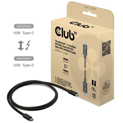 Club3d Thunderbolt&amp;trade; 5 Certified 8K240Hz Data 80 /120 Gbps EPR 240 Watt Cable M /M 1m /3.28ft Slike
