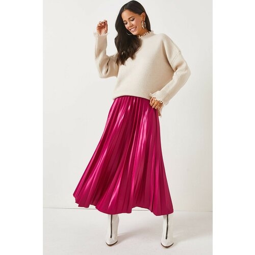 Olalook A-Line Pleated Skirt With Fuchsia Leather Look Slike