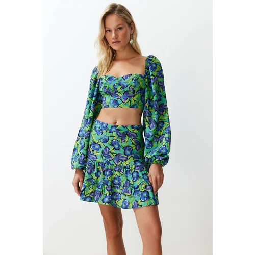 Trendyol Floral Pattern Woven Balloon Sleeve Blouse and Skirt Suit