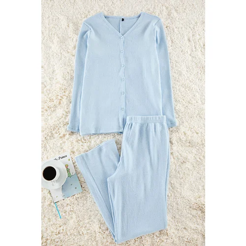 Trendyol Curve Baby Blue Brushed Soft Ribbed Cardigan Knitted Pajama Set