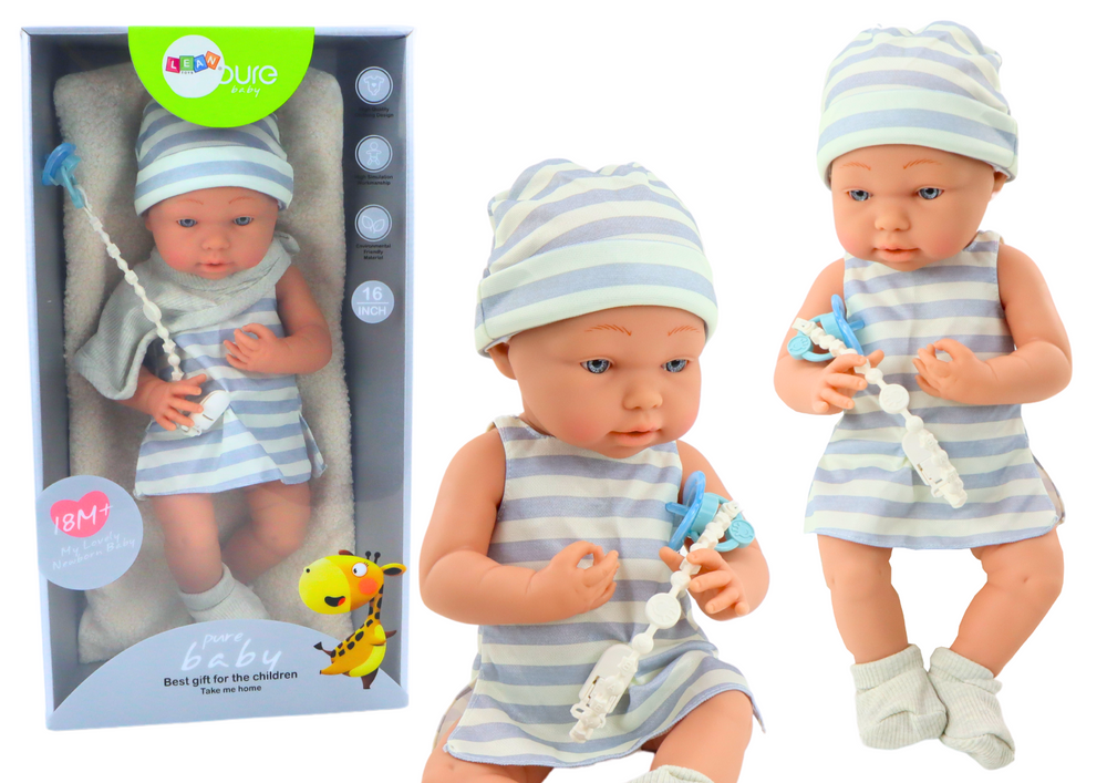 Lean Toys Dojenček v modro-belih oblačilih, klobuk, duda, slinček, odejica Slike