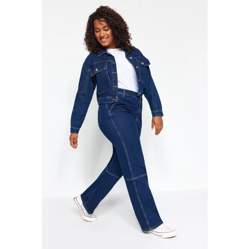 Trendyol Curve Dark Blue High Waist Cargo Straight Fit Jeans with Pocket.