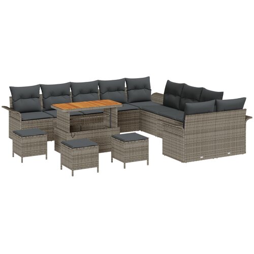 vidaXL 14-dijelni set vrtnih sofa s jastučićima siva poly ratan acacia, 2 sjedala sofa s jastučićima siva poly ratan, 4-dijelni set vrtne blagovaonice s jastučićima siva poly ratan acacia Cijene