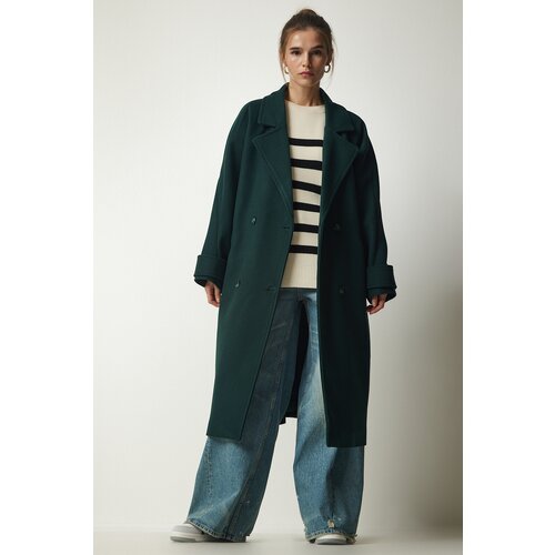 Happiness İstanbul Women's Emerald Green Double Breasted Neck Belted Oversize Cachet Coat Slike