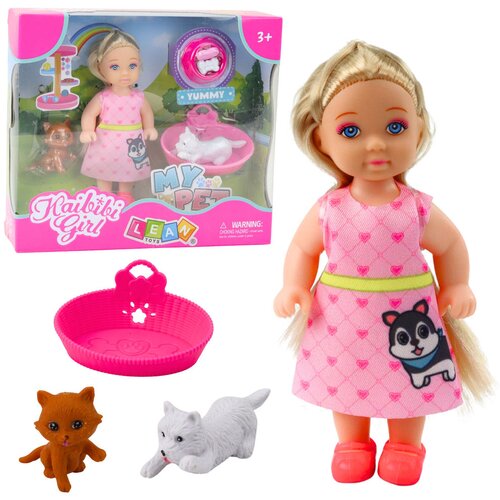 Mini punčka za igro s psom in mačko ter dodatki - 12 cm - roza Cene