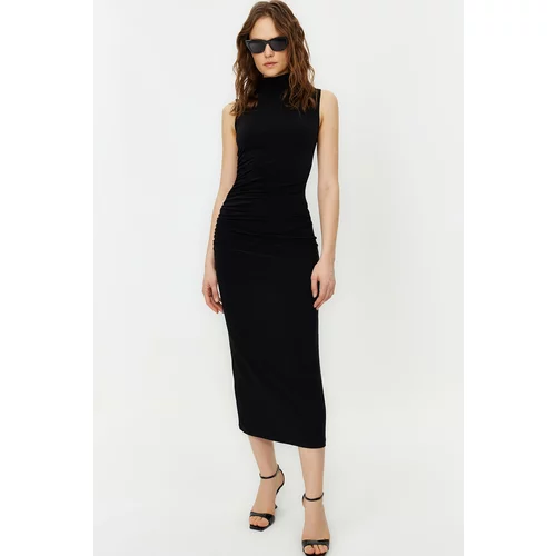 Trendyol Black Zero Sleeve Draped Fitted Stretchy Knitted Dress