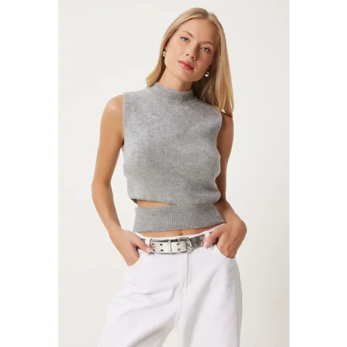 Happiness İstanbul Women's Gray Cut Out Detailed Soft Knit Blouse