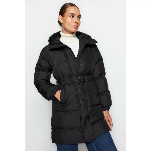 Trendyol Black Oversized Long Inflatable Coat, Water-Repellent with a Belted Hooded