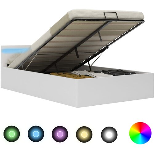 VidaXL Dvižni posteljni okvir LED belo umetno usnje 140x200 cm Slike