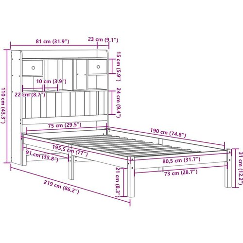 VidaXL Krevet s regalom za knjige bez madraca bijeli 75x190cm borovina Slike