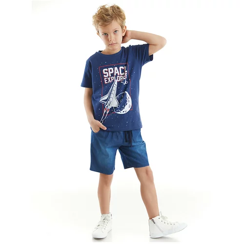 Mushi Space Boys' Navy Blue T-shirt with Denim Shorts Summer Suit