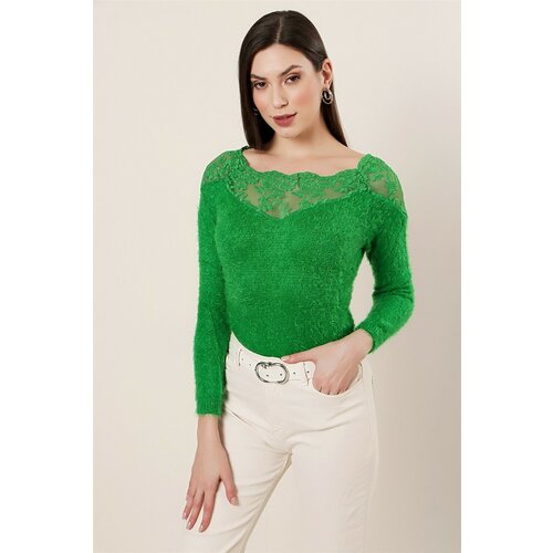 By Saygı Boat Neck Lace Detailed Soft Sweater Green Slike