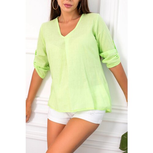 Armonika Women&amp;#039;s Neon Green V-Neck Pleat Detailed Blouse with Epaulette Sleeves Slike