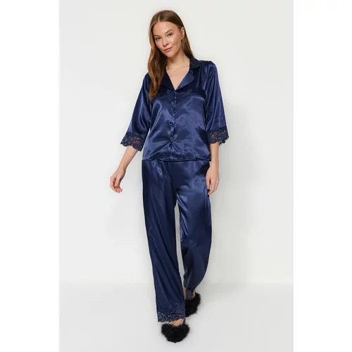 Trendyol Navy Blue Satin Lace Detailed Shirt-Pants Woven Pajamas Set