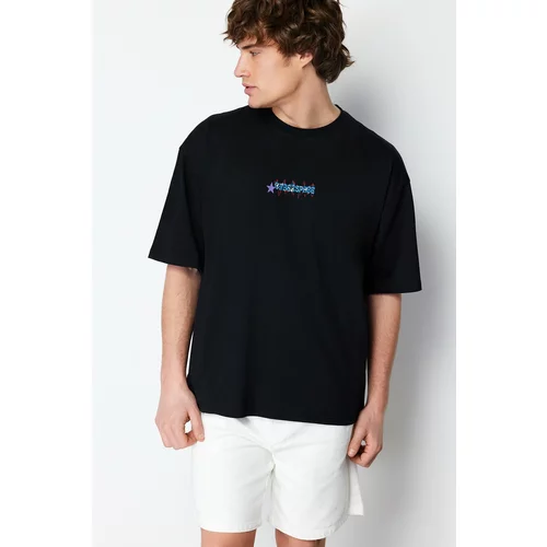 Trendyol Men's Black Oversize/Wide-Fit Back Space Printed 100% Cotton T-shirt