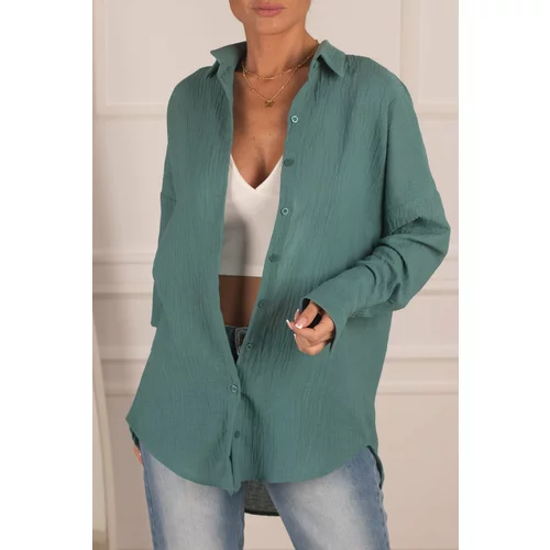 armonika Women's Turquoise Oversize Textured Linen Look Wide Cuff Shirt