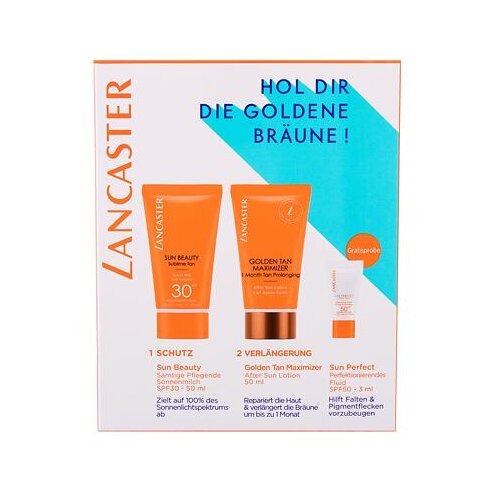Lancaster sun Beauty darovni set Sun Beauty Sublime Tan Velvet mlijeko SPF30 50 ml + Golden Tan Maximizer losion poslije sunčanja 50 ml + SPF50 3 ml tekućina protiv pigmentnih mrlja Slike