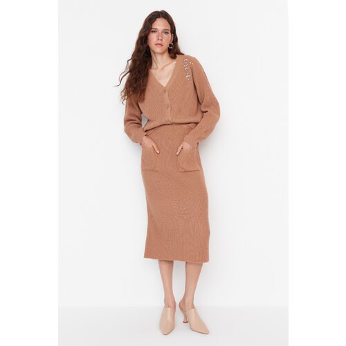 Trendyol Limited Edition Brown Stone Embroidered Knitwear Bottom-Top Set Slike