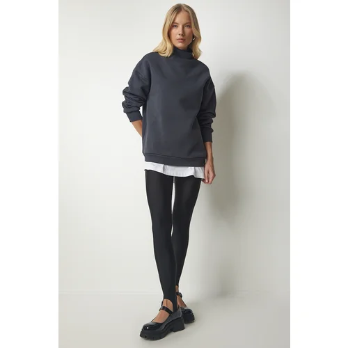  Women's Anthracite Stand-Up Collar Basic Shark Sweatshirt